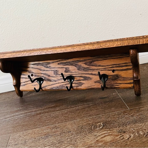 Rustic Brown Wall Shelf with Hooks